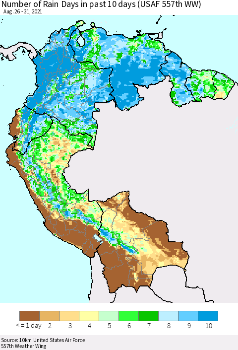 Northern South America Number of Rain Days in past 10 days (USAF 557th WW) Thematic Map For 8/26/2021 - 8/31/2021