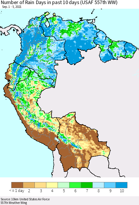 Northern South America Number of Rain Days in past 10 days (USAF 557th WW) Thematic Map For 9/1/2021 - 9/5/2021