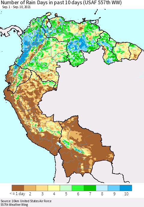 Northern South America Number of Rain Days in past 10 days (USAF 557th WW) Thematic Map For 9/6/2021 - 9/10/2021