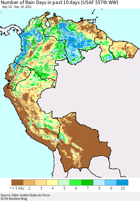 Northern South America Number of Rain Days in past 10 days (USAF 557th WW) Thematic Map For 9/21/2021 - 9/25/2021