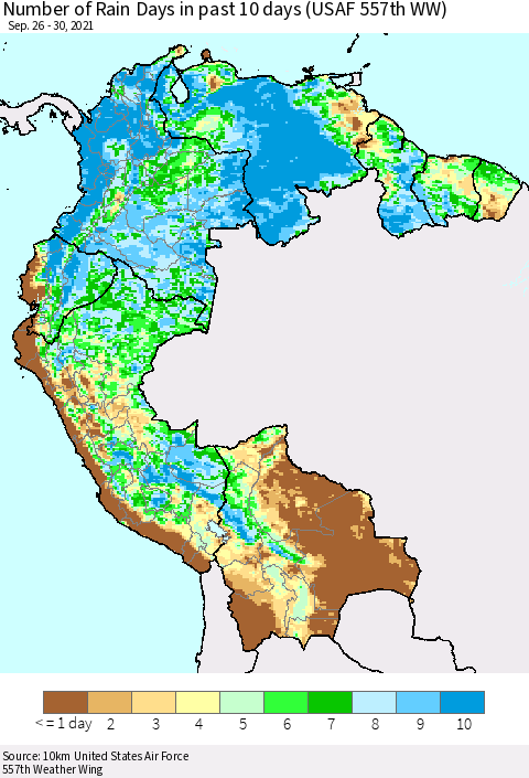 Northern South America Number of Rain Days in past 10 days (USAF 557th WW) Thematic Map For 9/26/2021 - 9/30/2021