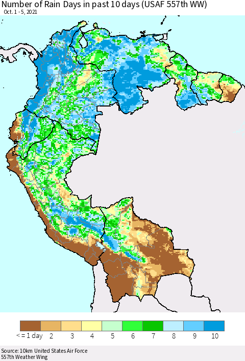 Northern South America Number of Rain Days in past 10 days (USAF 557th WW) Thematic Map For 10/1/2021 - 10/5/2021