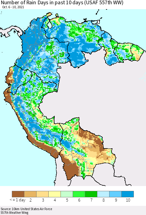 Northern South America Number of Rain Days in past 10 days (USAF 557th WW) Thematic Map For 10/6/2021 - 10/10/2021