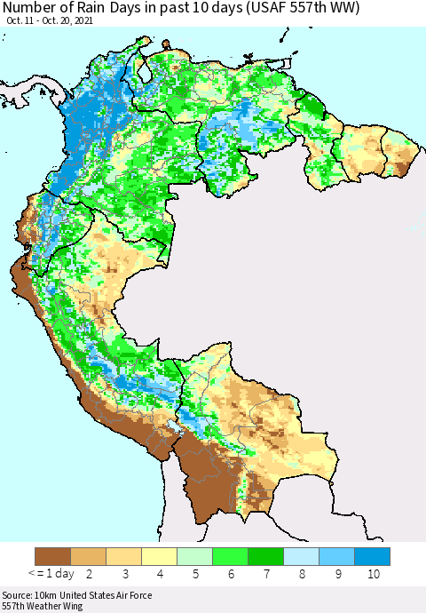 Northern South America Number of Rain Days in past 10 days (USAF 557th WW) Thematic Map For 10/16/2021 - 10/20/2021