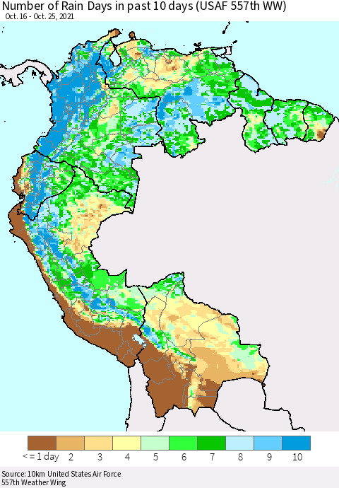 Northern South America Number of Rain Days in past 10 days (USAF 557th WW) Thematic Map For 10/21/2021 - 10/25/2021