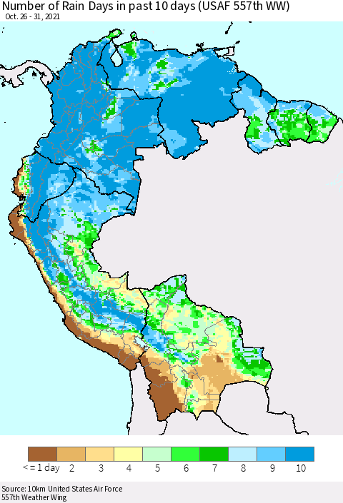 Northern South America Number of Rain Days in past 10 days (USAF 557th WW) Thematic Map For 10/26/2021 - 10/31/2021