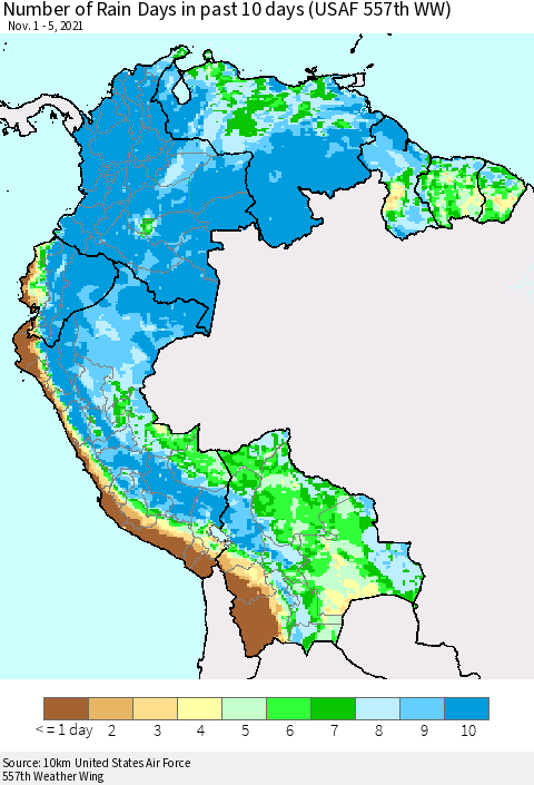 Northern South America Number of Rain Days in past 10 days (USAF 557th WW) Thematic Map For 11/1/2021 - 11/5/2021