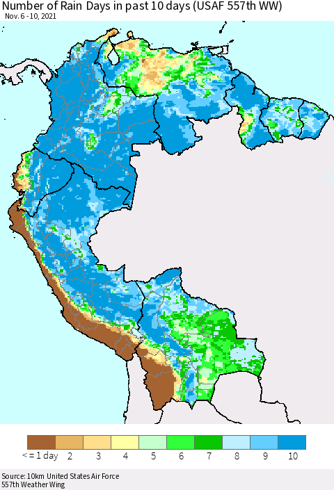 Northern South America Number of Rain Days in past 10 days (USAF 557th WW) Thematic Map For 11/6/2021 - 11/10/2021