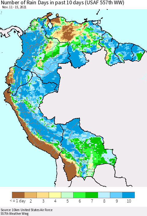Northern South America Number of Rain Days in past 10 days (USAF 557th WW) Thematic Map For 11/11/2021 - 11/15/2021