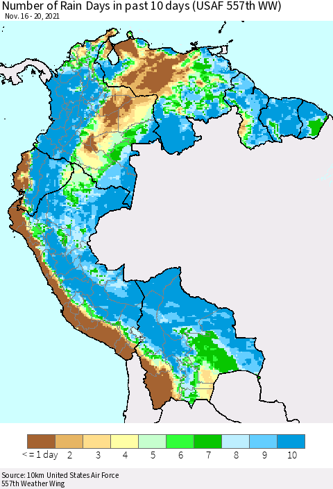 Northern South America Number of Rain Days in past 10 days (USAF 557th WW) Thematic Map For 11/16/2021 - 11/20/2021