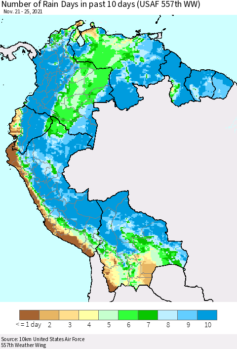 Northern South America Number of Rain Days in past 10 days (USAF 557th WW) Thematic Map For 11/21/2021 - 11/25/2021