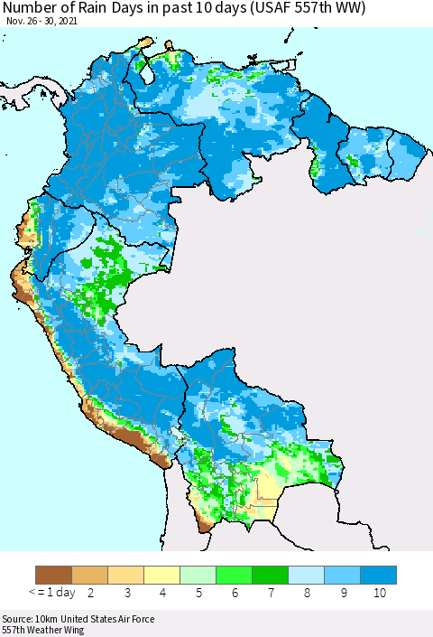Northern South America Number of Rain Days in past 10 days (USAF 557th WW) Thematic Map For 11/26/2021 - 11/30/2021