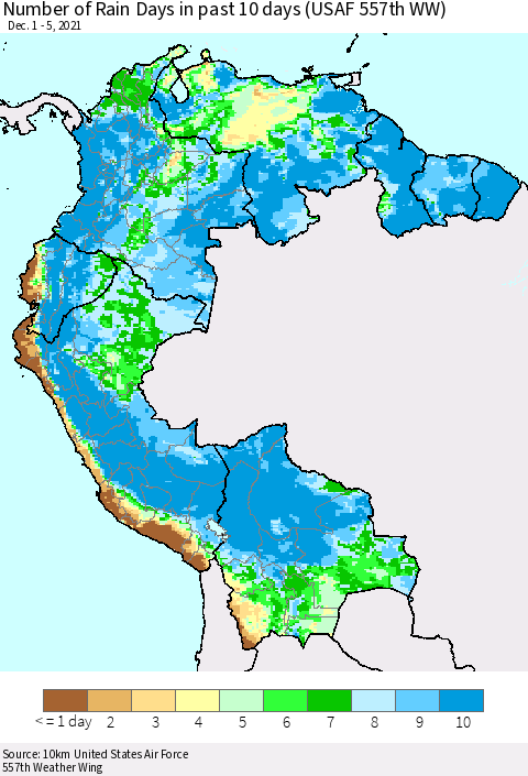 Northern South America Number of Rain Days in past 10 days (USAF 557th WW) Thematic Map For 12/1/2021 - 12/5/2021