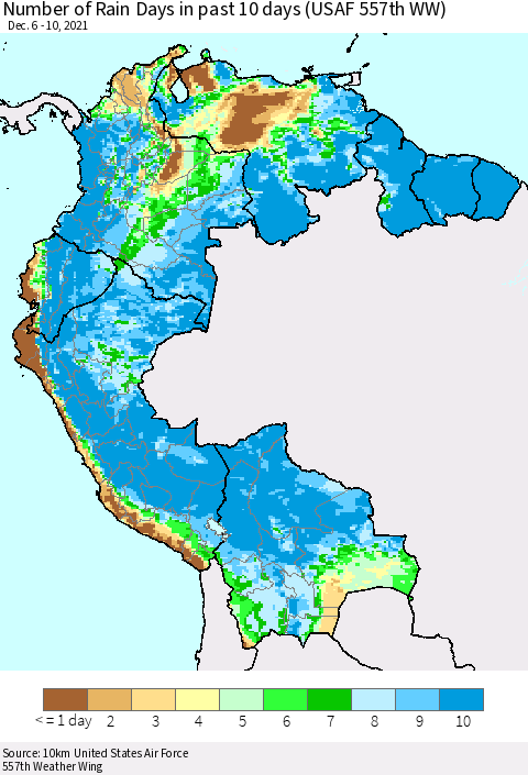 Northern South America Number of Rain Days in past 10 days (USAF 557th WW) Thematic Map For 12/6/2021 - 12/10/2021
