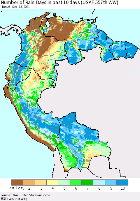 Northern South America Number of Rain Days in past 10 days (USAF 557th WW) Thematic Map For 12/11/2021 - 12/15/2021