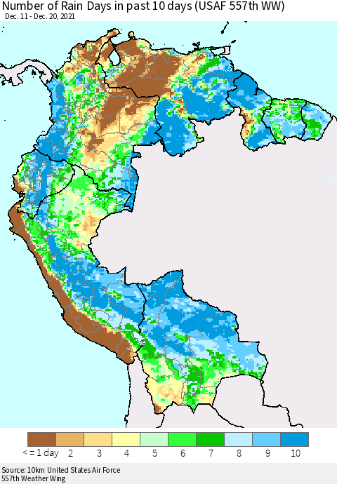 Northern South America Number of Rain Days in past 10 days (USAF 557th WW) Thematic Map For 12/16/2021 - 12/20/2021