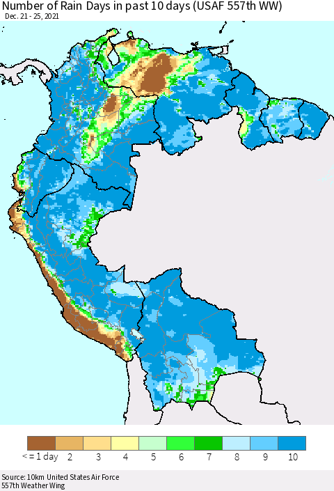 Northern South America Number of Rain Days in past 10 days (USAF 557th WW) Thematic Map For 12/21/2021 - 12/25/2021