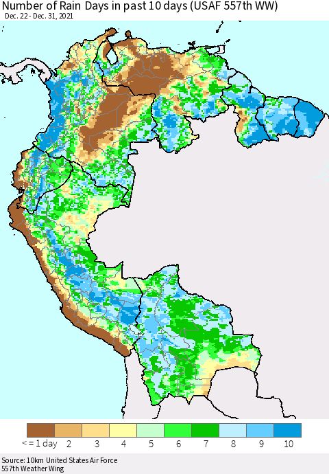 Northern South America Number of Rain Days in past 10 days (USAF 557th WW) Thematic Map For 12/26/2021 - 12/31/2021