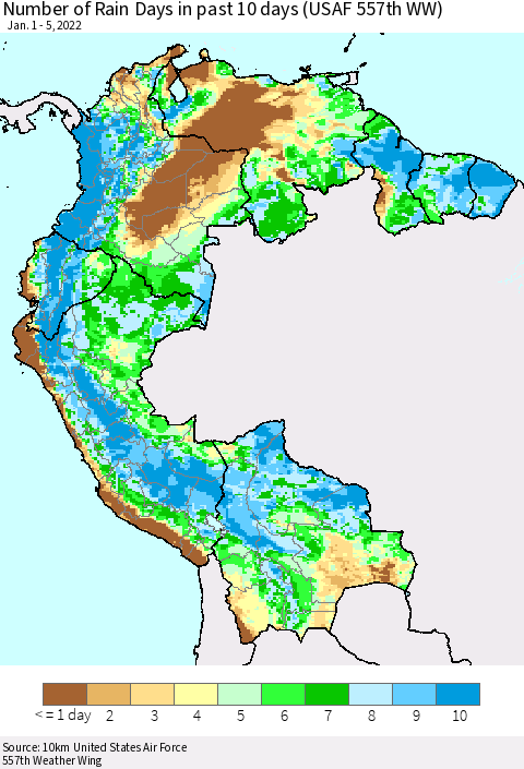 Northern South America Number of Rain Days in past 10 days (USAF 557th WW) Thematic Map For 1/1/2022 - 1/5/2022