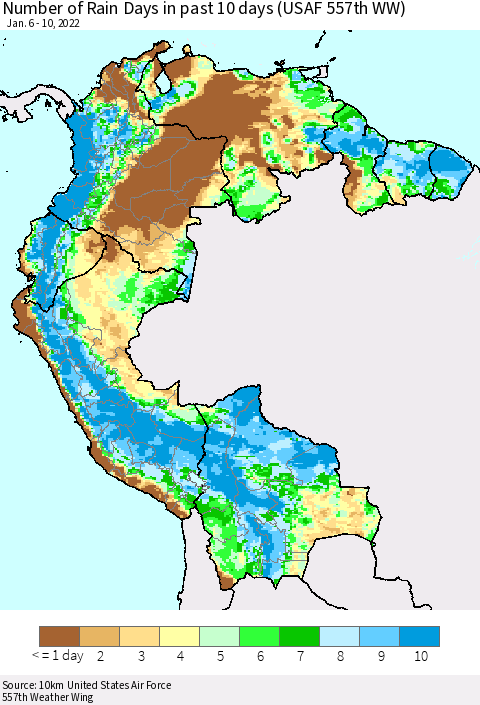Northern South America Number of Rain Days in past 10 days (USAF 557th WW) Thematic Map For 1/6/2022 - 1/10/2022