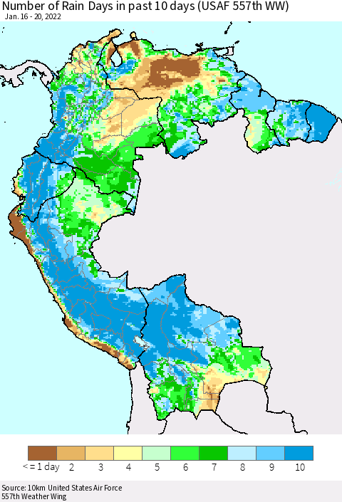 Northern South America Number of Rain Days in past 10 days (USAF 557th WW) Thematic Map For 1/16/2022 - 1/20/2022
