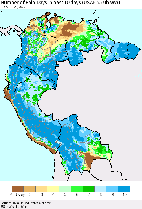 Northern South America Number of Rain Days in past 10 days (USAF 557th WW) Thematic Map For 1/21/2022 - 1/25/2022