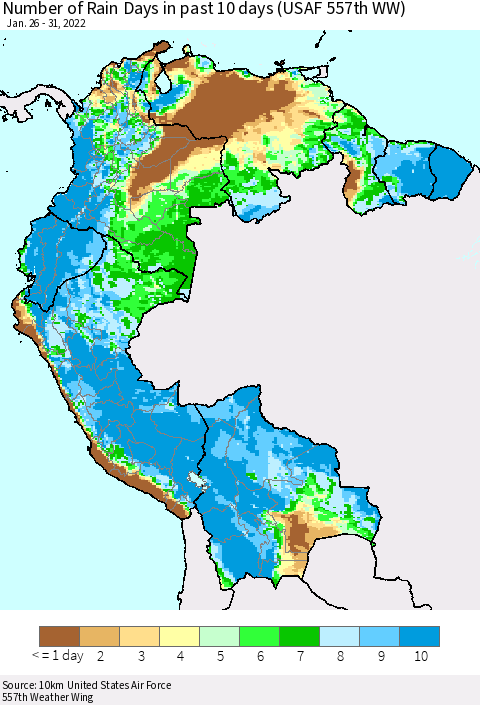 Northern South America Number of Rain Days in past 10 days (USAF 557th WW) Thematic Map For 1/26/2022 - 1/31/2022