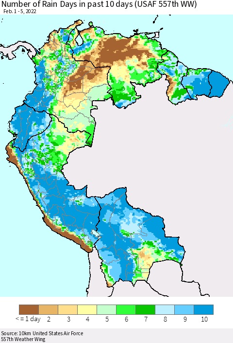 Northern South America Number of Rain Days in past 10 days (USAF 557th WW) Thematic Map For 2/1/2022 - 2/5/2022