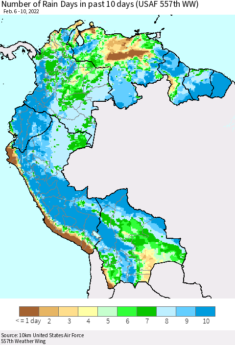 Northern South America Number of Rain Days in past 10 days (USAF 557th WW) Thematic Map For 2/6/2022 - 2/10/2022