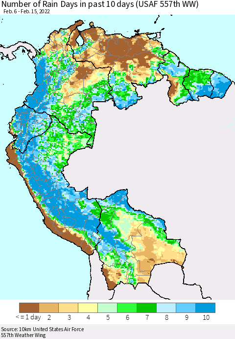 Northern South America Number of Rain Days in past 10 days (USAF 557th WW) Thematic Map For 2/11/2022 - 2/15/2022