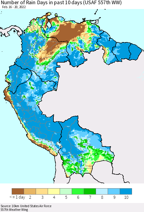 Northern South America Number of Rain Days in past 10 days (USAF 557th WW) Thematic Map For 2/16/2022 - 2/20/2022