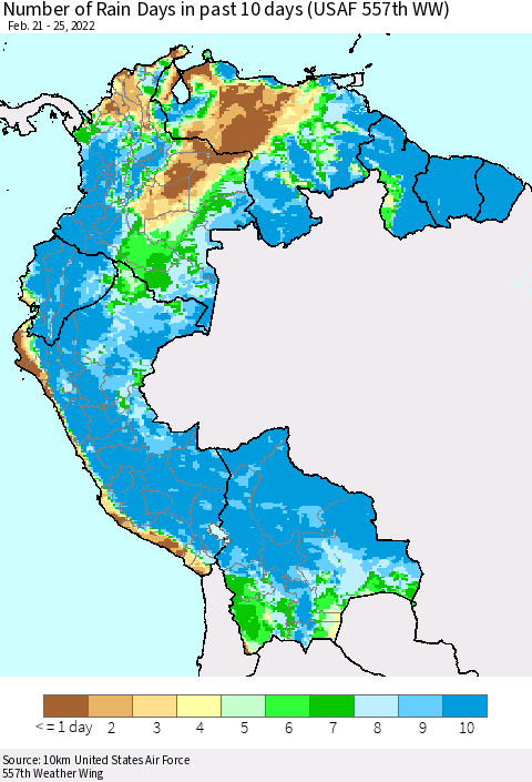 Northern South America Number of Rain Days in past 10 days (USAF 557th WW) Thematic Map For 2/21/2022 - 2/25/2022