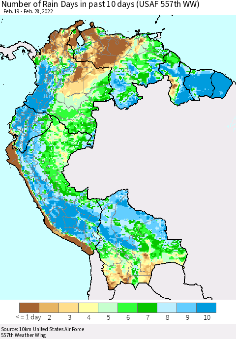 Northern South America Number of Rain Days in past 10 days (USAF 557th WW) Thematic Map For 2/26/2022 - 2/28/2022