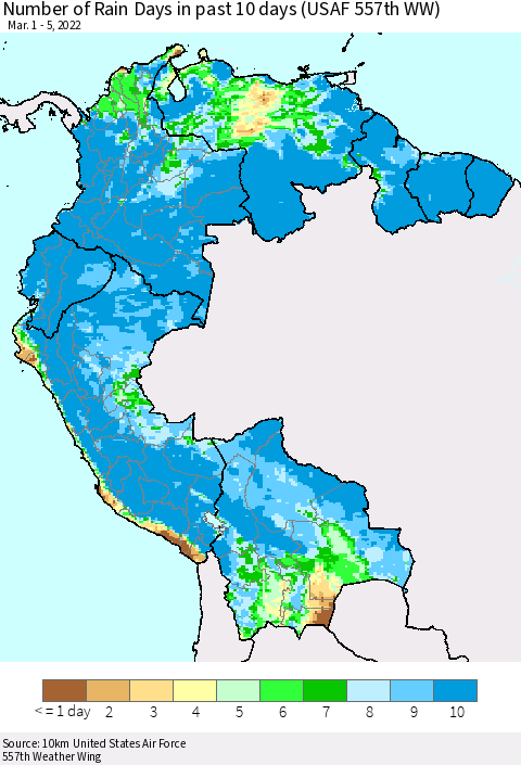 Northern South America Number of Rain Days in past 10 days (USAF 557th WW) Thematic Map For 3/1/2022 - 3/5/2022