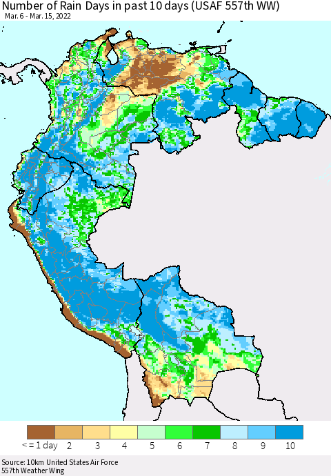 Northern South America Number of Rain Days in past 10 days (USAF 557th WW) Thematic Map For 3/11/2022 - 3/15/2022