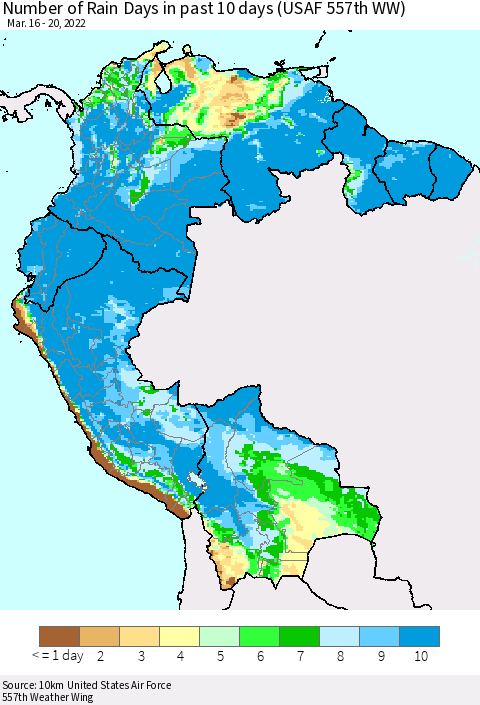 Northern South America Number of Rain Days in past 10 days (USAF 557th WW) Thematic Map For 3/16/2022 - 3/20/2022