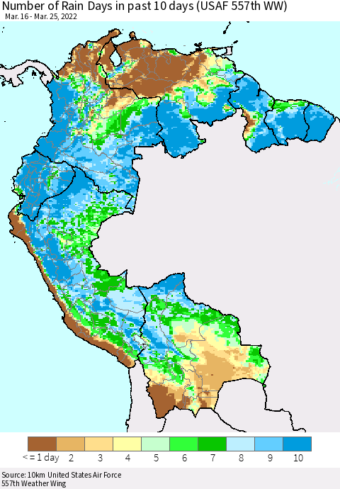 Northern South America Number of Rain Days in past 10 days (USAF 557th WW) Thematic Map For 3/21/2022 - 3/25/2022