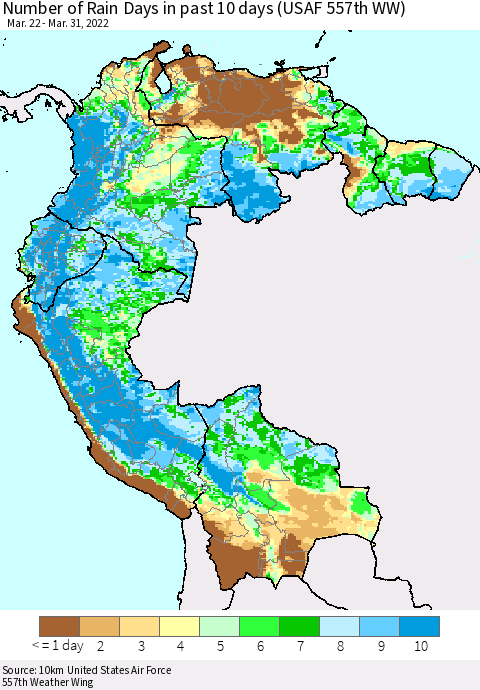 Northern South America Number of Rain Days in past 10 days (USAF 557th WW) Thematic Map For 3/26/2022 - 3/31/2022