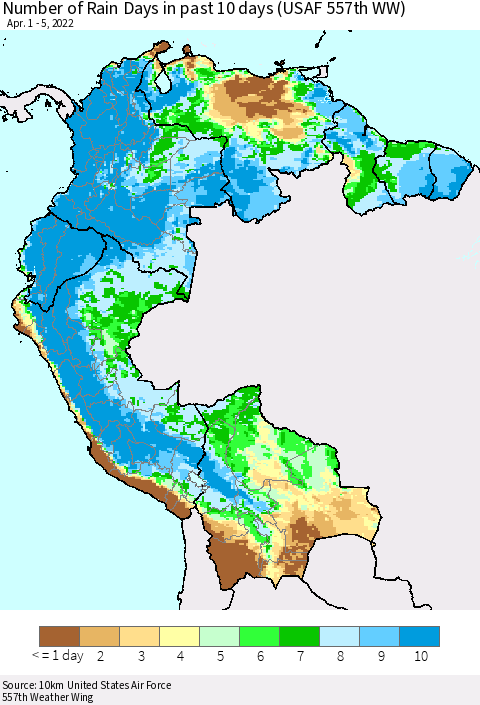 Northern South America Number of Rain Days in past 10 days (USAF 557th WW) Thematic Map For 4/1/2022 - 4/5/2022