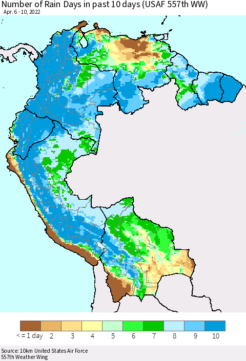 Northern South America Number of Rain Days in past 10 days (USAF 557th WW) Thematic Map For 4/6/2022 - 4/10/2022