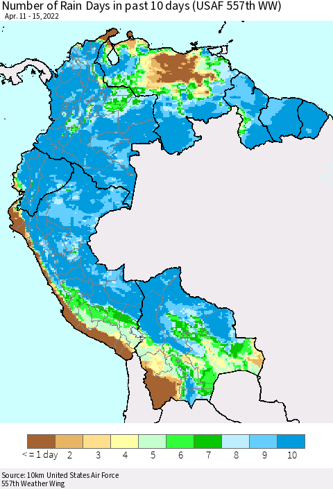 Northern South America Number of Rain Days in past 10 days (USAF 557th WW) Thematic Map For 4/11/2022 - 4/15/2022