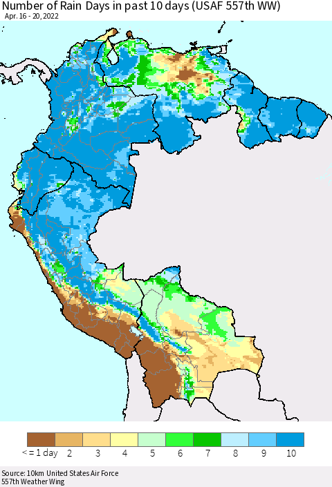 Northern South America Number of Rain Days in past 10 days (USAF 557th WW) Thematic Map For 4/16/2022 - 4/20/2022