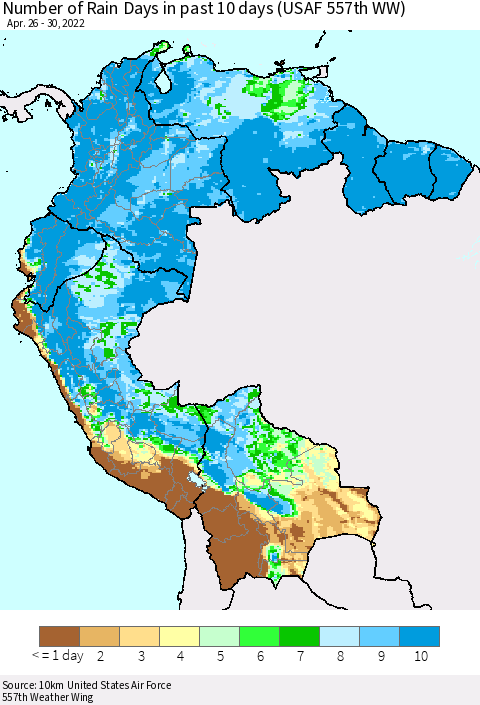 Northern South America Number of Rain Days in past 10 days (USAF 557th WW) Thematic Map For 4/26/2022 - 4/30/2022