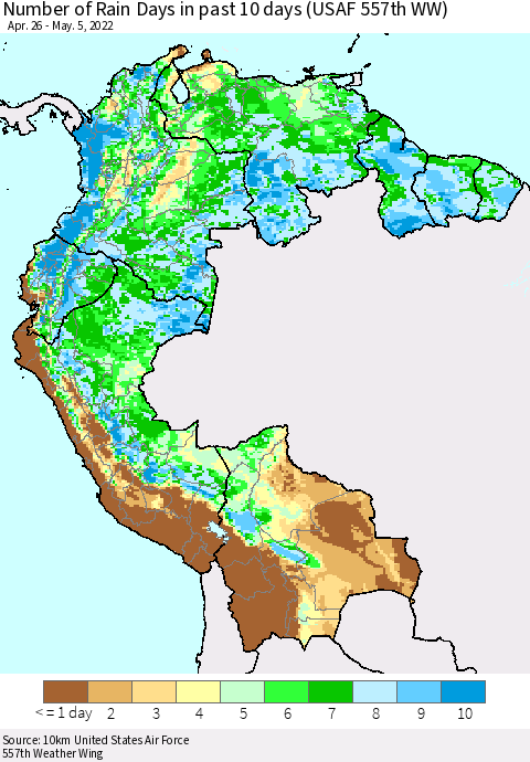 Northern South America Number of Rain Days in past 10 days (USAF 557th WW) Thematic Map For 5/1/2022 - 5/5/2022