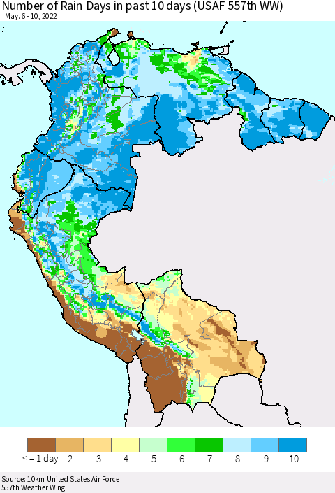 Northern South America Number of Rain Days in past 10 days (USAF 557th WW) Thematic Map For 5/6/2022 - 5/10/2022