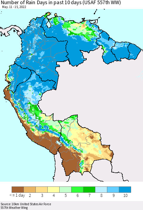 Northern South America Number of Rain Days in past 10 days (USAF 557th WW) Thematic Map For 5/11/2022 - 5/15/2022