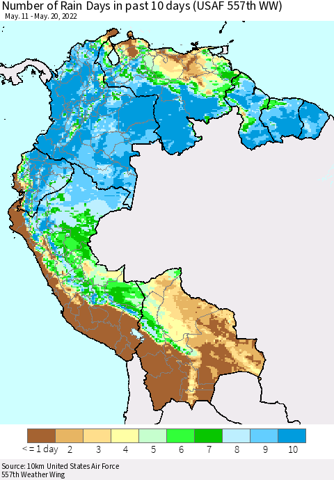 Northern South America Number of Rain Days in past 10 days (USAF 557th WW) Thematic Map For 5/16/2022 - 5/20/2022