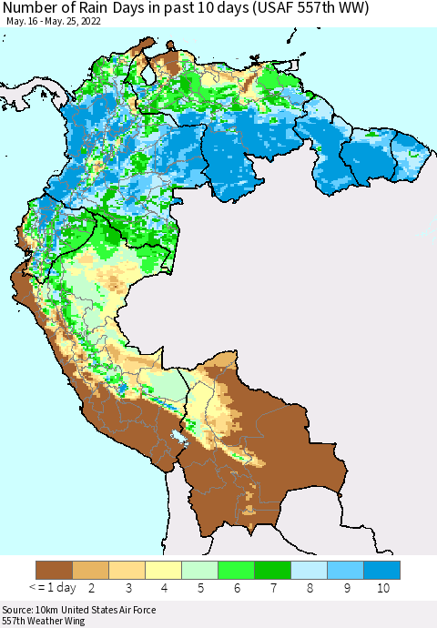 Northern South America Number of Rain Days in past 10 days (USAF 557th WW) Thematic Map For 5/21/2022 - 5/25/2022