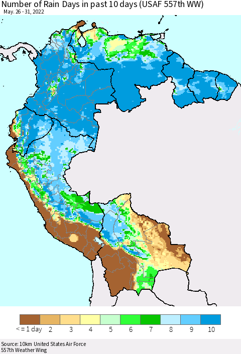 Northern South America Number of Rain Days in past 10 days (USAF 557th WW) Thematic Map For 5/26/2022 - 5/31/2022