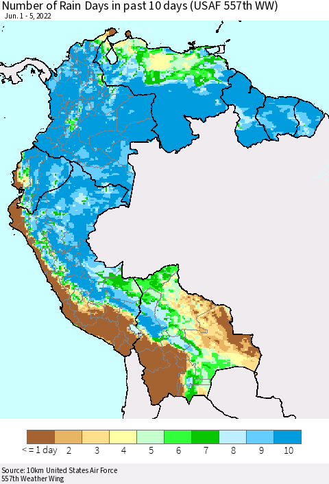 Northern South America Number of Rain Days in past 10 days (USAF 557th WW) Thematic Map For 6/1/2022 - 6/5/2022